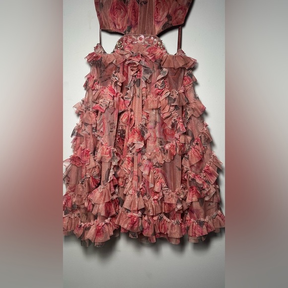 Mac Duggal Barbie Pink Floral Ruffled Cutout Dainty Halter Mini Dress Size 6 - Picture 11 of 16